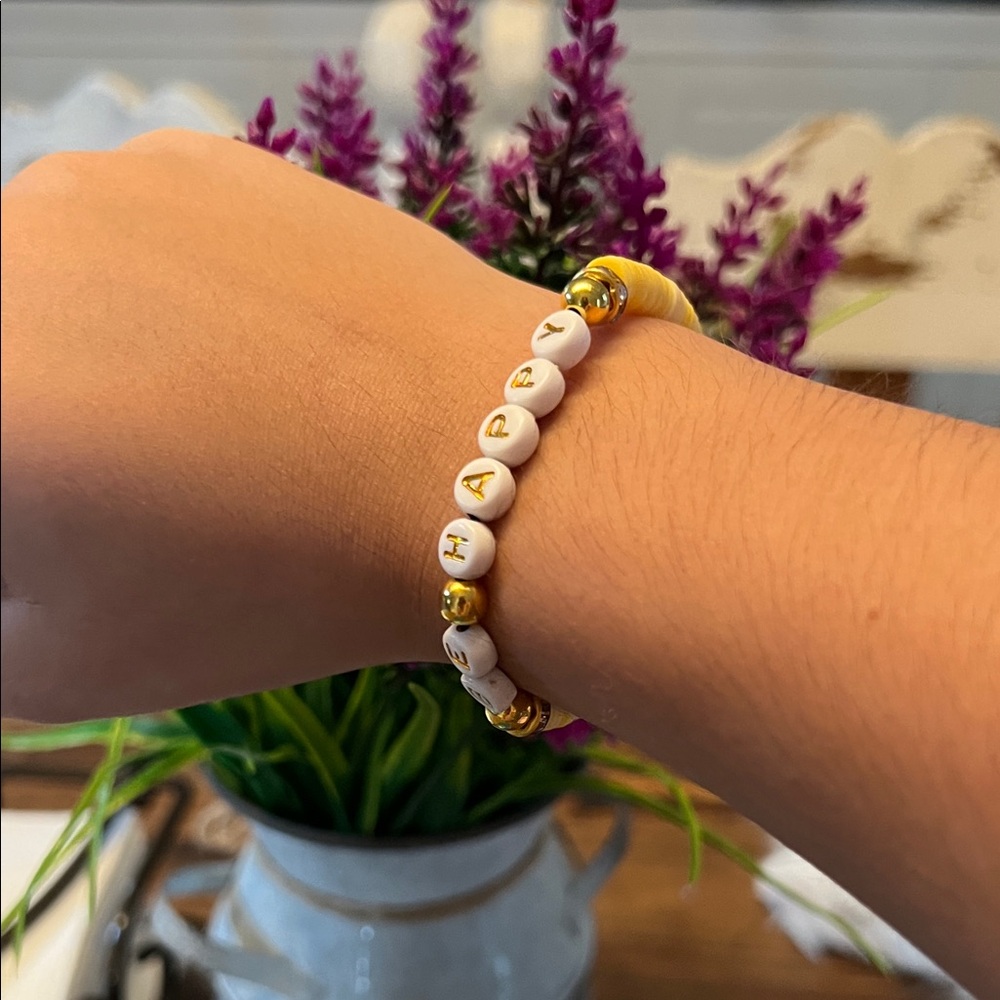 Gold and White Beaded Bracelet “BE HAPPY” ON SALE FOR NOW